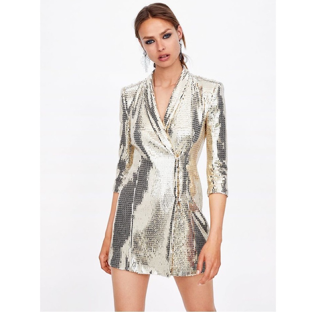 Zara sequin metallic gold blazer mini dress XS new years party holidays